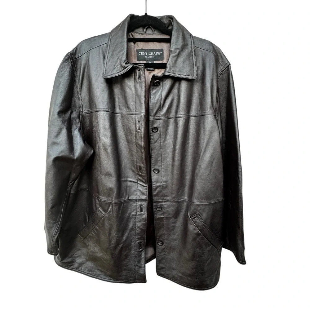 Leather Brown Button-Front Coat size 2X - Picture 7 of 12